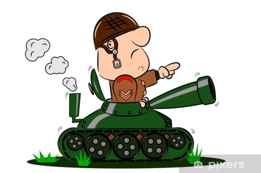 A cartoon army soldier in the turret of a tank